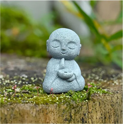 Miniatura 11 de livelyfish Estatua de monje japonés de 3 piezas de estatuas de buda de piedra arenisca zen rezando, esculturas asiáticas de jardín para buena
