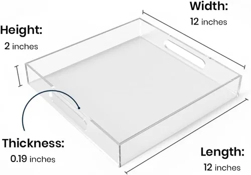 Miniatura 4 de Bandeja de acrílico para servir (12 x 12 x 2 pulgadas) con asas, a prueba de derrames, bandeja decorativa transparente para aperitivos, desayuno