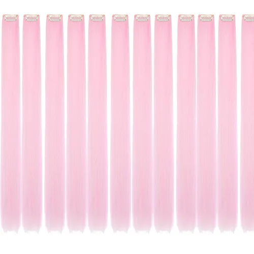 Extensiones de cabello sintético liso de 24 pulgadas para mujeres y niñas, regalo de un solo color, clip de fiesta 12 piezas - rosa claro