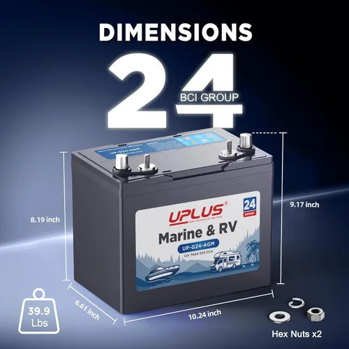 Miniatura 2 de UPLUS BCI Grupo 24M Batería marina de doble propósito, 12V 79AH 550CCA AGM para arranque y ciclo profundo para RV y botes