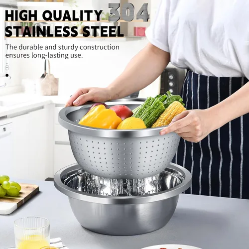 Miniatura 4 de Colador de acero inoxidable 304 de 3 cuartos con tazones para mezclar, colador para alimentos de cocina para lavar verduras, frutas, arroz, apto