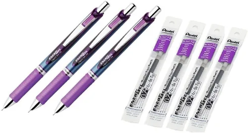 Pentel EnerGel RTX - Bolígrafo de gel retráctil, punta de aguja, tinta violeta, punta media Pentel paquete de 3, repuestos de EnerGel LRN7-V, punta