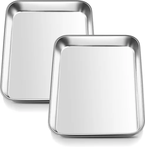 Miniatura 16 de E-far Mini bandeja para horno tostador, bandeja para hornear galletas de acero inoxidable de 9.4 x 7.3 pulgadas, bandeja pequeña de metal no tóxico