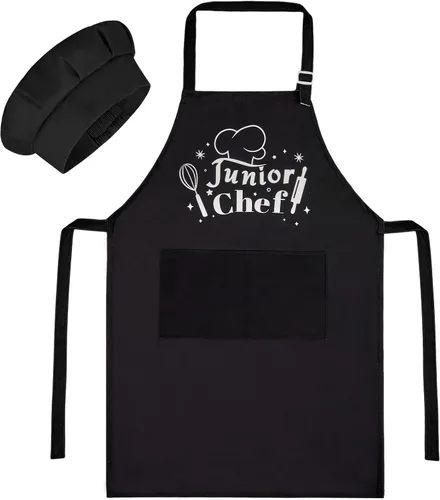 MHJY Delantal infantil y sombrero de chef para niños, delantales ajustables con bolsillos para cocinar, hornear, pintar de 3 a 12 años Verde marino