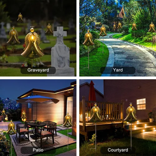 Miniatura 5 de Homight Luz solar de estaca de jardín – Ángel de metal solar cálida estaca luz regalo conmemorativo – Campana de ángel de bronce al aire libre