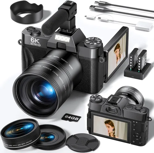 FLATIC Cámaras para Fotografía, Cámara Digital 6K 64MP con WiFi y Micrófono para Youtuber, Cámara de Videoblogs con Zoom 16X y Pantalla Giratoria