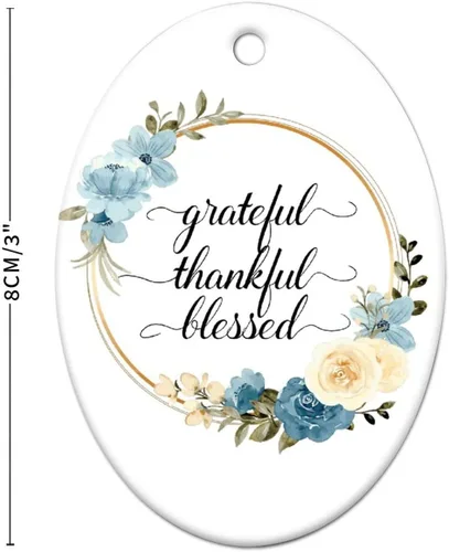 Miniatura 2 de Adornos de Navidad con cita de corona de flores, adorno ovalado de porcelana de Grateful Thankful Blesed, decoración de árbol de Navidad, regalos