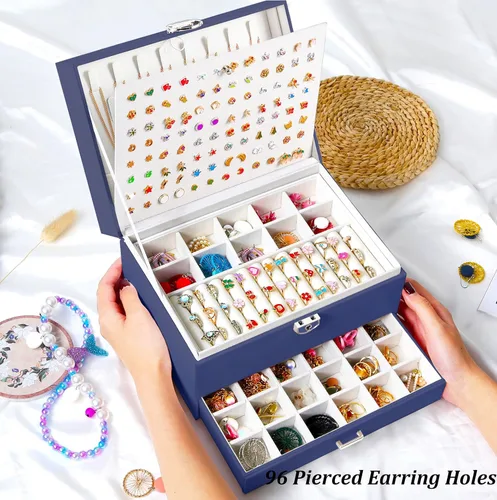 Miniatura 87 de Joyero de pendientes para mujeres y niñas, organizador de aretes de 5 capas, caja organizadora de joyas blanca con candado, collares y aretes