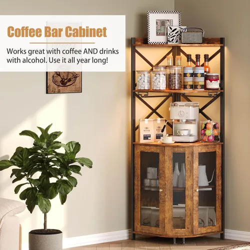 Miniatura 6 de JKsmart - Gabinete de esquina para barra con luces LED, gabinete de barra de vino industrial de 5 niveles con soporte para vasos, gabinetes de licor
