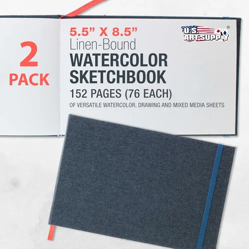 Miniatura 2 de U.S. Art Supply Libro de acuarela de 5.5 x 8.5 pulgadas (paquete de 2, 76 hojas cada uno), 110 libras (230 GSM) encuadernado en lino, bloc de papel