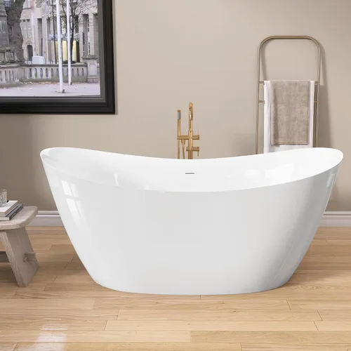 Miniatura 10 de GETPRO Bañera independiente de 51 pulgadas de profundidad, bañera independiente de acrílico de forma ovalada con desbordamiento ranurado integrado