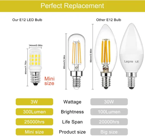 Miniatura 3 de Bombilla pequeña con base de candelabro LED E12, equivalente a 3 W, 25-30 W, incandescentes, 6000 K, bombillas blancas frías, 120 V, 300 lúmenes,