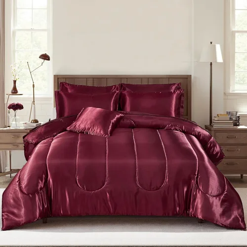 Miniatura 22 de Bedding_Dreamer Juego de edredón sedoso negro de satén en una bolsa, 8 piezas de ropa de cama sedosa de hotel de lujo con 1 edredón, 1 sábana