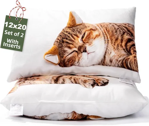 Almohada de felpa de gato de 12 x 20 pulgadas, juego de 2 lindos animales de peluche para niñas, almohada de felpa suave para decoración de muñecas,