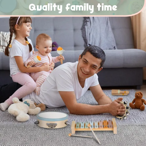 Miniatura 7 de Stoie's Instrumentos musicales de madera para niños pequeños con xilófono, maracas, triángulo, pandereta para bebés y niños, juguete educativo