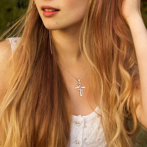 Miniatura 6 de BlingGem Collar de cruz para mujer, collar de plata de ley 925, colgante de cruz rosa, circonita cúbica 5A, 12 meses de nacimiento, aniversario