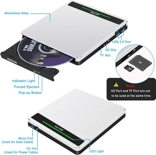 Miniatura 4 de Unidad de CD externa para portátil: USB 3.0 USB C DVD ROM quemador portátil - reproductor óptico de CD/DVD con puertos SD/TF/2 USB compatible
