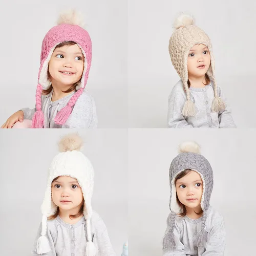 Miniatura 3 de Gorro de punto con solapa para las orejas para bebé, de piel sintética, con pompón, para invierno, cálido, forro polar
