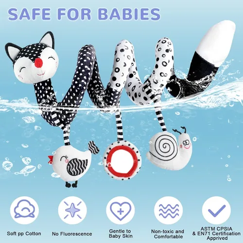 Miniatura 3 de XIXILAND Juguetes de peluche en espiral para bebé, juguetes de asiento de coche en blanco y negro, juguete de alto contraste para bebés recién