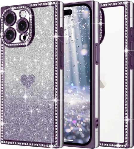 Miniatura 15 de Funda para iPhone 13, funda de diamantes de imitación de lujo con patrón de corazón de amor de cristal [papel con purpurina extraíble], parachoques