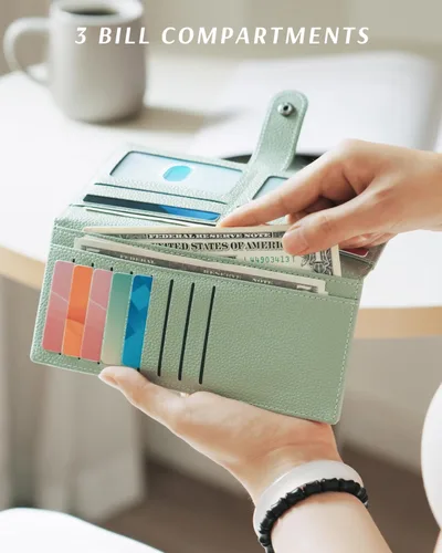 Miniatura 3 de Unilily Cartera delgada para mujer, con bloqueo RFID, de piel vegana, plegable, tarjetero con 2 ventanas de identificación y bolsillo con Lila