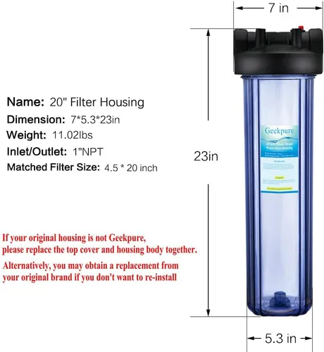 Miniatura 2 de Geekpure Carcasa transparente de filtro de agua para toda la casa de 20 pulgadas con soporte de llave de 4.5 x 20 pulgadas, puerto de latón NPT de 1