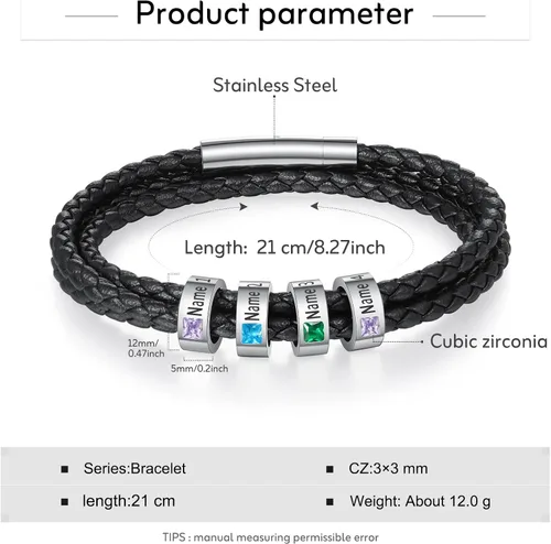 Miniatura 47 de Pulsera personalizada para el Día del Padre para hombre, pulseras personalizadas de cuero trenzado negro con cuentas grabadas de 1 a 8 nombres