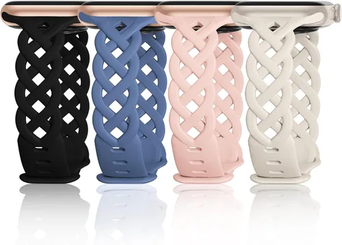 Miniatura 10 de iWabcertoo - Bandas delgadas de silicona compatibles con Apple Watch de 40mm, 38mm, 41mm, 44mm, 45mm, 46mm, 49mm, 42mm, con encaje trenzado floral