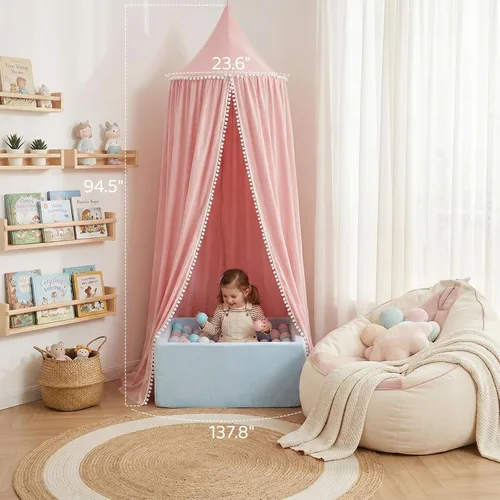 Miniatura 4 de LOAOL Toldo de cama con pompón para niños, cubierta de red para cuna, cortina para cuna, rincón de lectura, tienda de campaña colgante, guardería