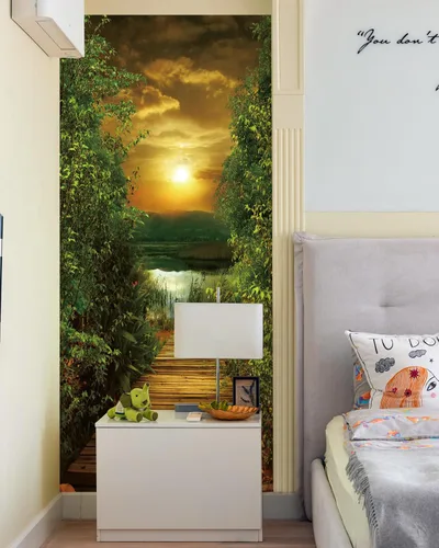 Miniatura 4 de Adhesivo de puerta FLFK - Sendero junto al lago, mural de pelar y pegar, tamaño combinado 36"x80", dividido en 2 piezas Mt649