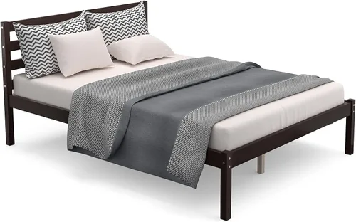 Miniatura 9 de Giantex Base de cama de plataforma de madera, cabecera con paneles, soporte de listones de madera, no necesita resortes, base de colchón de cama