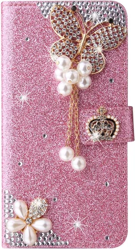 Miniatura 5 de XYX Funda tipo cartera para Samsung Galaxy A32 5G, Bling Glitter Crown Butterfly Diamond Flip Card Slot Luxury Girl Women Phone Cover - Negro