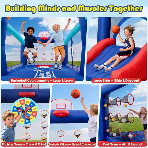 Miniatura 6 de Casa inflable de baloncesto extragrande para niños grandes de 8 a 12 años, castillo hinchable inflable de 16 pies con tobogán y aros dobles, puente