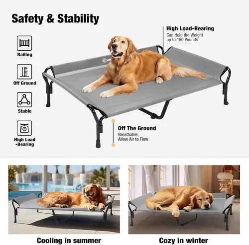 Miniatura 6 de Veehoo Cama elevada refrescante para perros, cuna elevada XL para mascotas con barandilla y reposacabezas inclinado, malla Teslin transpirable Gris