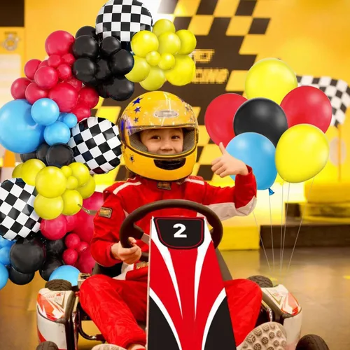 Miniatura 5 de Kit de guirnalda de arco de globos de auto de carreras, globo de aluminio a cuadros rojo, amarillo, azul, negro, decoración de fiesta de cumpleaños