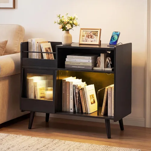 Miniatura 9 de Giantex Soporte grande para tocadiscos con luz LED, soporte para tocadiscos moderno de mediados de siglo con puerta deslizante, estación de carga