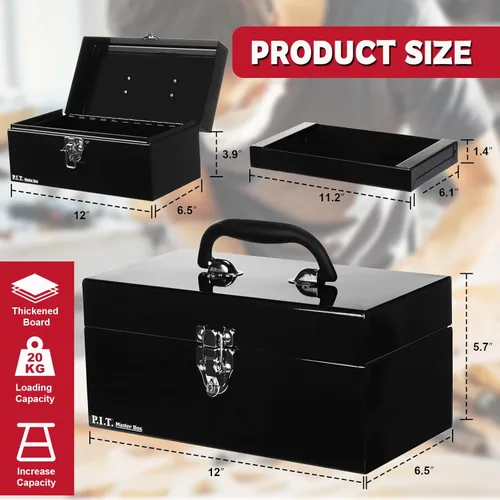 Miniatura 2 de P.I.T. Caja de herramientas de 12 pulgadas, pequeña caja de herramientas portátil de acero con cierre de pestillo de metal para el hogar, almacén