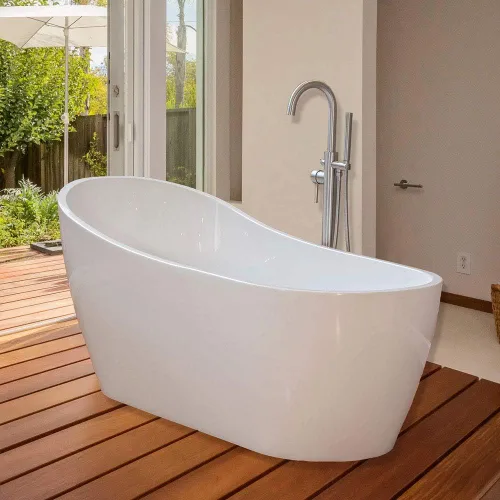WOODBRIDGE Bañera de acrílico independiente de 67 pulgadas, bañera blanca de remojo contemporánea con desbordamiento y drenaje de cromo