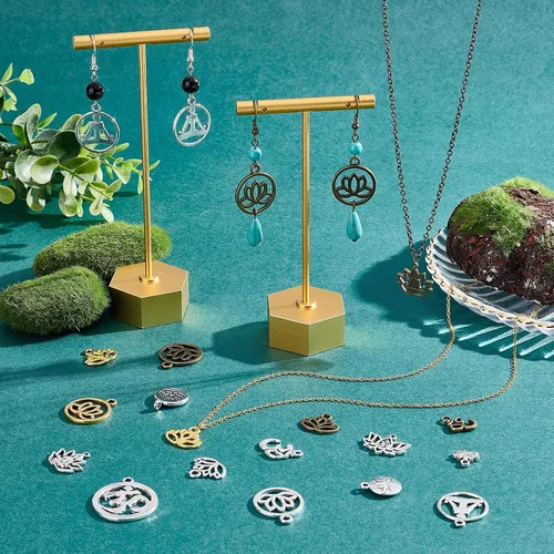 Miniatura 5 de SUNNYCLUE 1 caja 68 dijes de loto para yoga, flor de loto, dije hueco OM Yoga Chakra Energía Dijes planos redondos para hacer joyas, collares