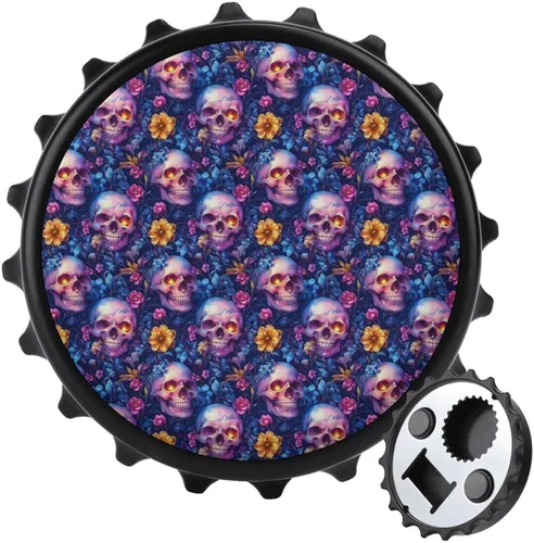 Magnetic Beer Bottle Opener - Vintage Floral Skull Print Portable One Handed Small Magnetic Bottle Opener for Fridge with Bartender and Outdoor,