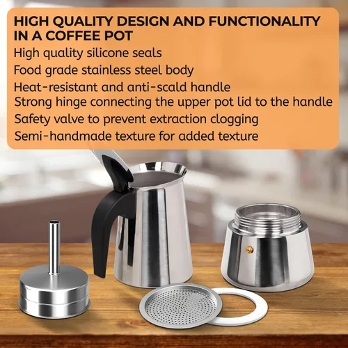 Miniatura 7 de Cafetera Moka de acero inoxidable, 9 tazas de 450ml (15.2 fl oz), cafetera de café expreso para estufa, cafetera estilo clásico italiano, Greca
