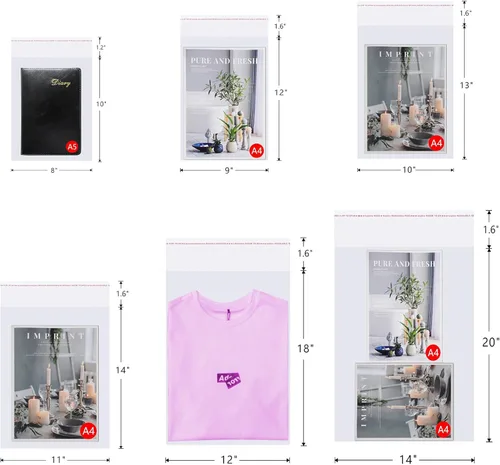 Miniatura 5 de Bolsas autoadhesivas de celofán de 10 x 13 pulgadas, 200 unidades de plástico transparente resellable para impresiones de camisas, revistas