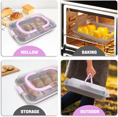 Miniatura 7 de Molde rectangular para pasteles con tapa, bandeja para hornear de 9 x 13 pulgadas con tapa y asa, antiadherente para hornear y asar y cocinar