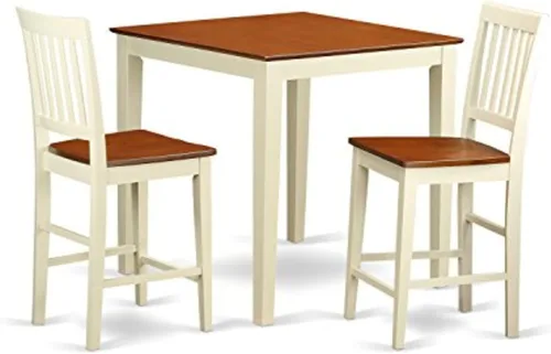 East West Furniture VERN3-WHI-W - Juego de pub de 3 piezas de altura de mostrador para espacios pequeños contiene una mesa de comedor cuadrada y 2