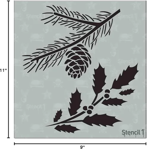 Miniatura 7 de Stencil1 Plantilla de ramas de acebo y hoja perenne – Plantilla de invierno reutilizable para manualidades, decoración de vacaciones, pintura sobre