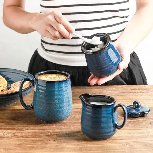 Miniatura 2 de Hasense Juego de Azucarero y Cremera de Porcelana, Azucarero de 11 Onzas con Tapa y Cuchara, Jarra de Crema de 10 Onzas, Juegos de Café Estilo Azul