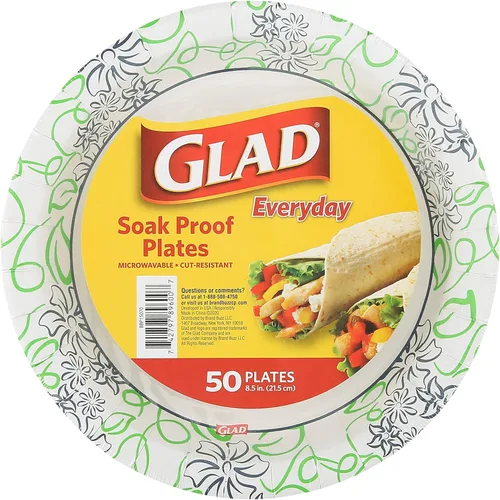 Glad Platos redondos de papel desechables, con patrón floral caprichoso, a prueba de remojo, resistente a cortes, aptos para microondas, platos