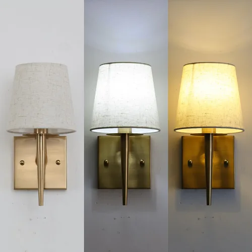 Miniatura 3 de EFINEHOME Aplique de pared moderno Mid-Century con pantalla de tela beige, 1 lámpara de pared dorada antigua para interiores, lámpara de pared