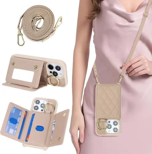Miniatura 26 de Funda para iPhone 14 Plus con tarjetero y correa para mujer, cordón cruzado, espejo de maquillaje, soporte de anillo, cierre a presión, bonitas Rosa