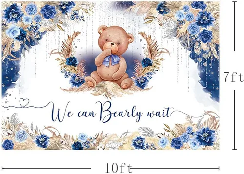 Miniatura 5 de AIBIIN Telón de fondo bohemio para baby shower de 10 x 7 pies para niño, We Can Bearly Wait Oh Baby, fondo de fotografía de flores azul real, hierba